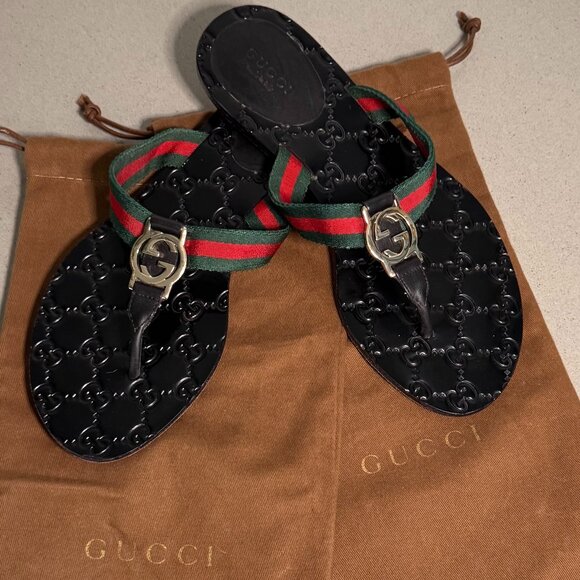 Gucci Authentic GG Logo Stripe Thong Sandals - Picture 1 of 14